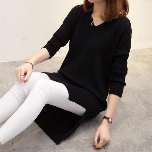 Autumn and Winter Fit Bottoming Shirt Mid-length Knitted Sweater V-neck Loose Plus Size Women's Clothing