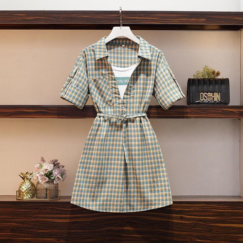 Plus Size L-XXXXL Summer Women High Quality Cotton Loose Slim Plaid Dress Office Ladies Dress