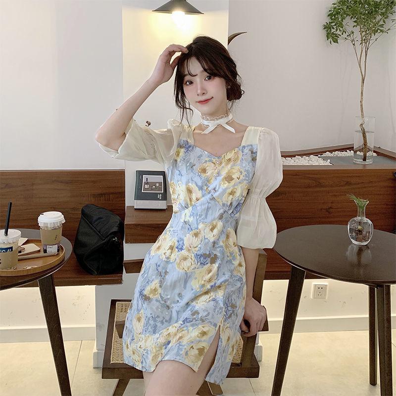 Female Vintage High Waist Super Fairy Holiday Dress Elegant Slim Floral Print Pleated Split Dress