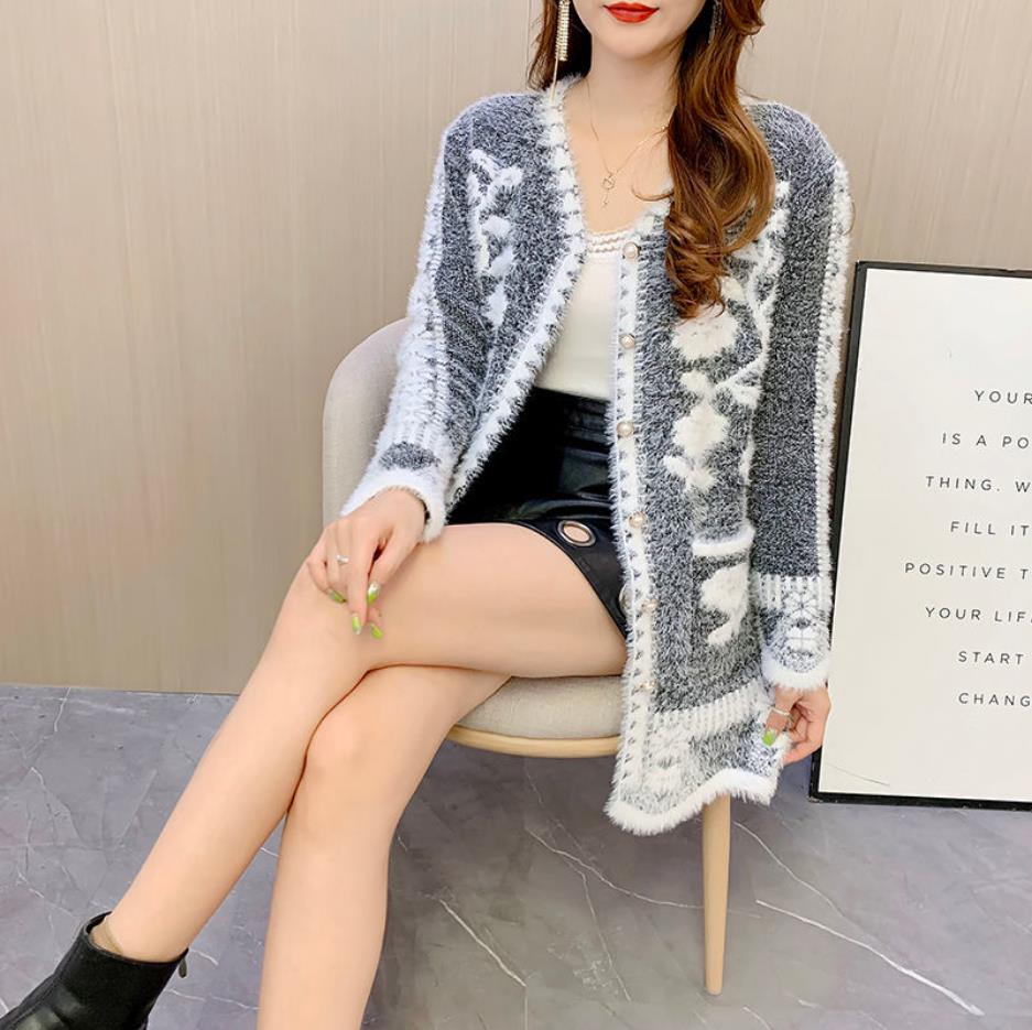 Autumn and Winter Mink Fleece Cardigan Sweater Elegant Temperament Sweater Sexy Mid-length Slim Women's Knitted Top