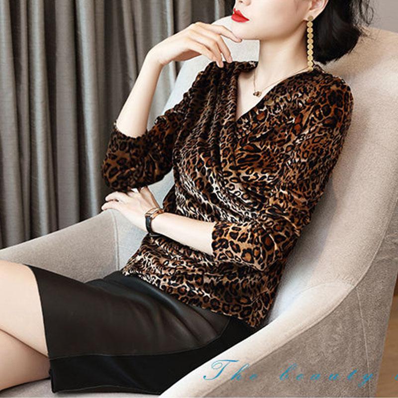 Women Elegant Golden velvet Blouse Front Cross Wrinkle Sexy Deep V-neck Long Sleeve Casual Tops Autumn  Pullover