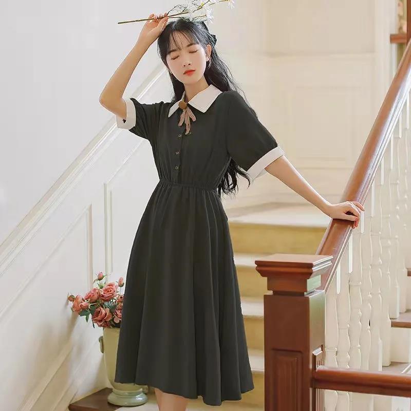 College Style Retro Slim Waist Temperament Dress Female Short-sleeved Mid-length Skirt A-line Skirt Bow Decoration Sweet and Cute