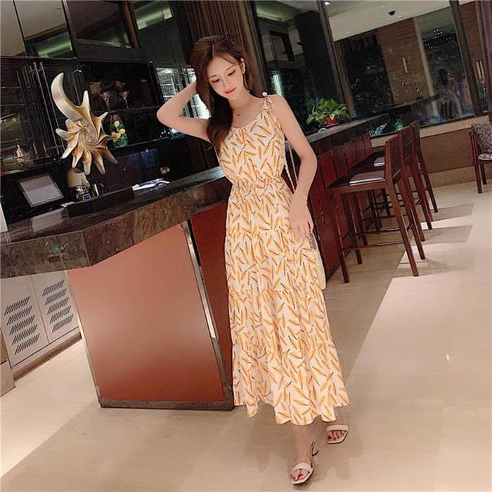 Pofulove S-2XL Women Printed Chiffon Sling Dress Slim A-line Sun-dresses Long Bohemian Beach Dresses