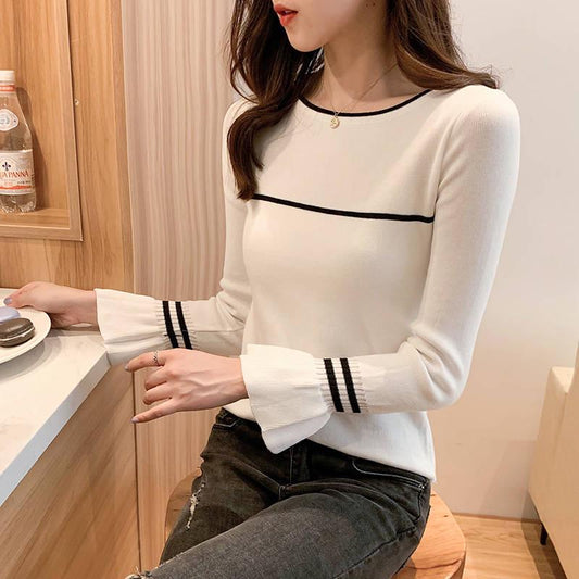 Autumn and Winter Women Sweater All-match Bell Sleeved Shirt Slim One-neck Female Pullover Jumpers