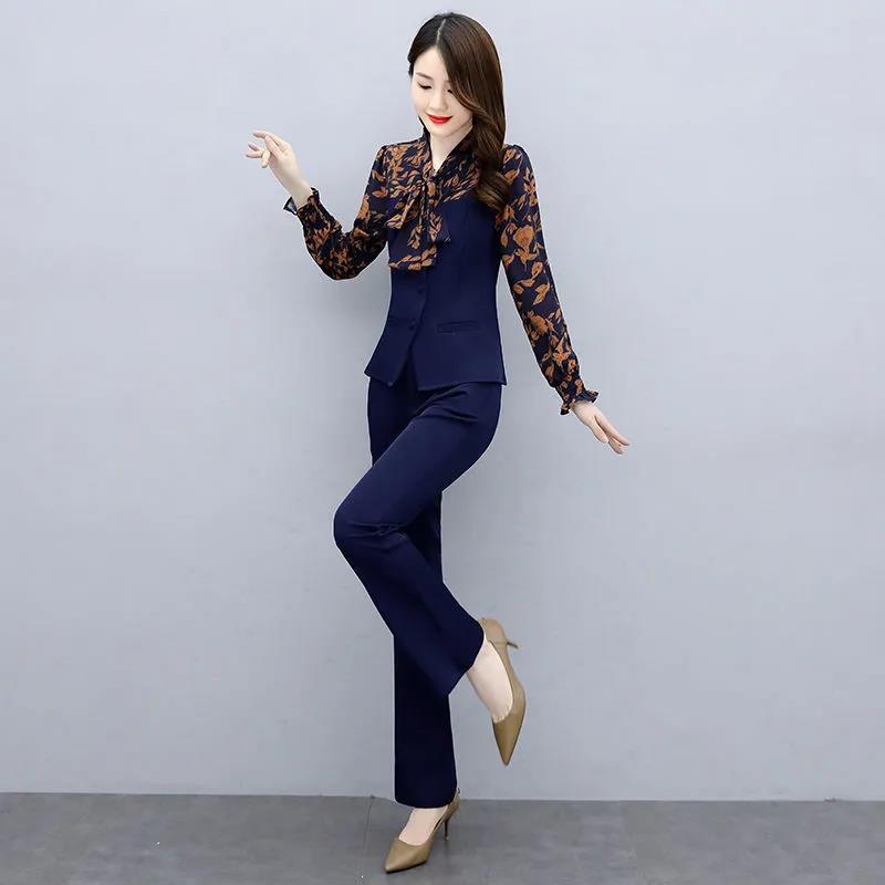 Professional Suit Temperament Was Thin Wide-leg Pants Two-piece Long-sleeved Waist Chiffon Shirt Loose Suit Pants Ladies Temperament Suit