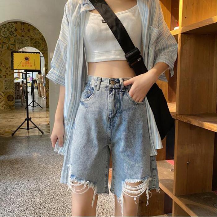 WTEMPO Women Jeans Ripped Denim Shorts Skirt Elastic Waist Loose Wide Leg A-line Office Club Casual Party Dates