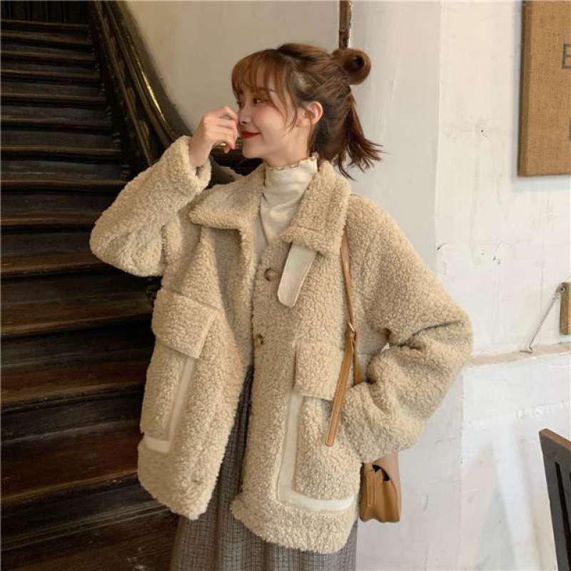 Faux Lamb Wool Coat Women Autumn and Winter All-match Thick Fur Wool One Lamb Wool Ladies Stand-up Collar Warm Loose Jacket