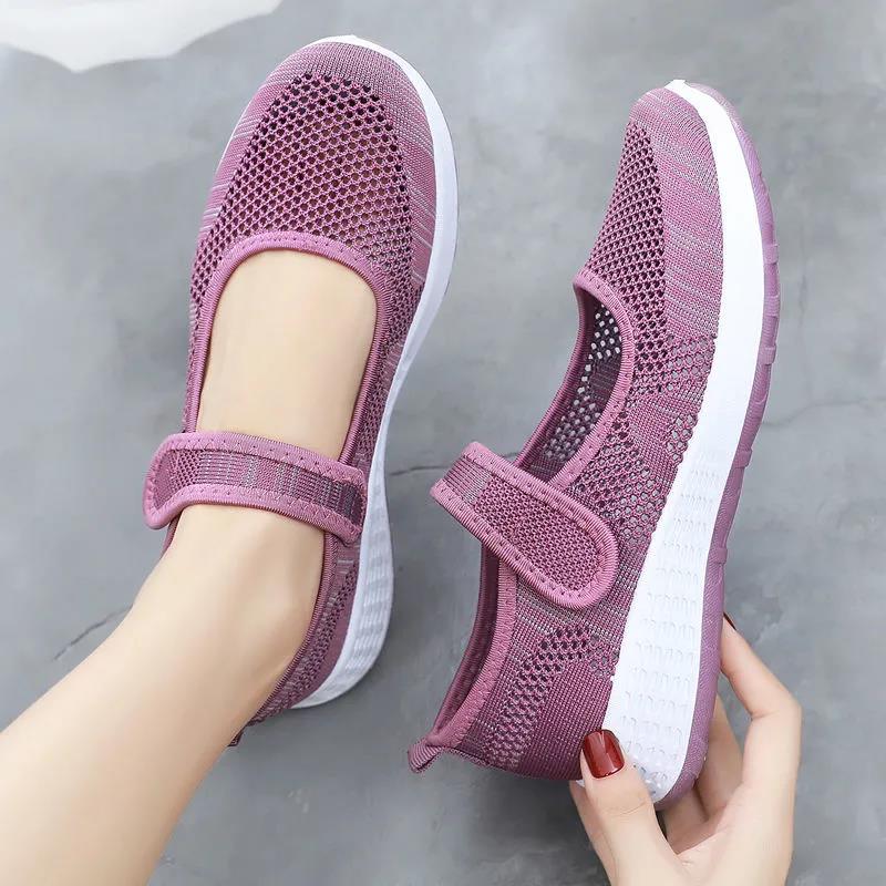 Women's Cloth Shoes Soft Soled Casual Sandals Mesh Breathable Velcro Walking Shoes Non Slip Flat Running Shoes