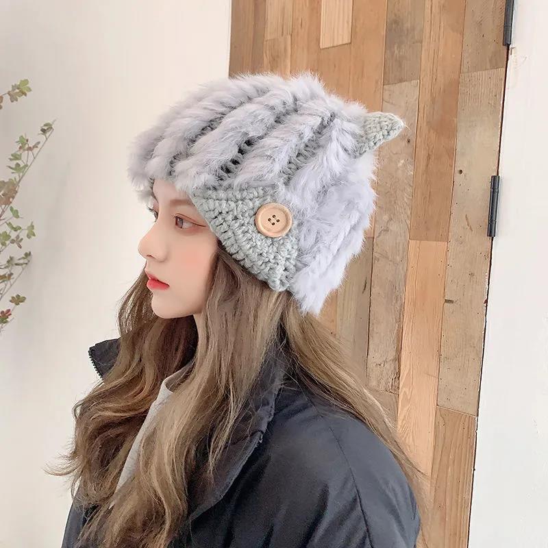 Korean Version of The Rabbit Fur Hat Female Sweet and Cute Cat Ears Wool Hat Japanese Autumn and Winter Knitted Hat