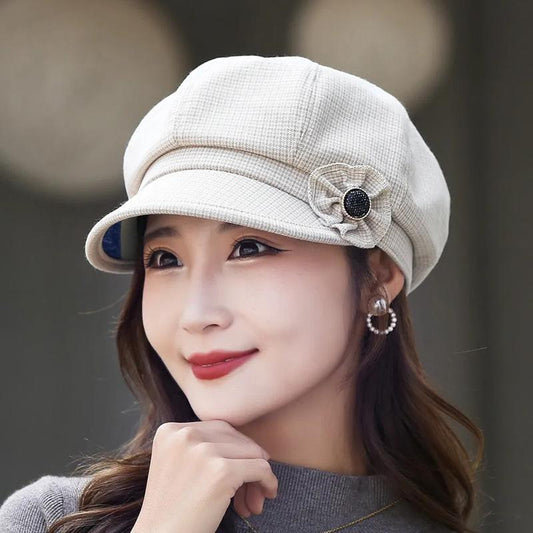 Women's Plaid Flower Octagonal Beret Hat Cotton Linen Diamond Hat Spring Autumn Mother Hat Middle-aged Elderly Baker Hat