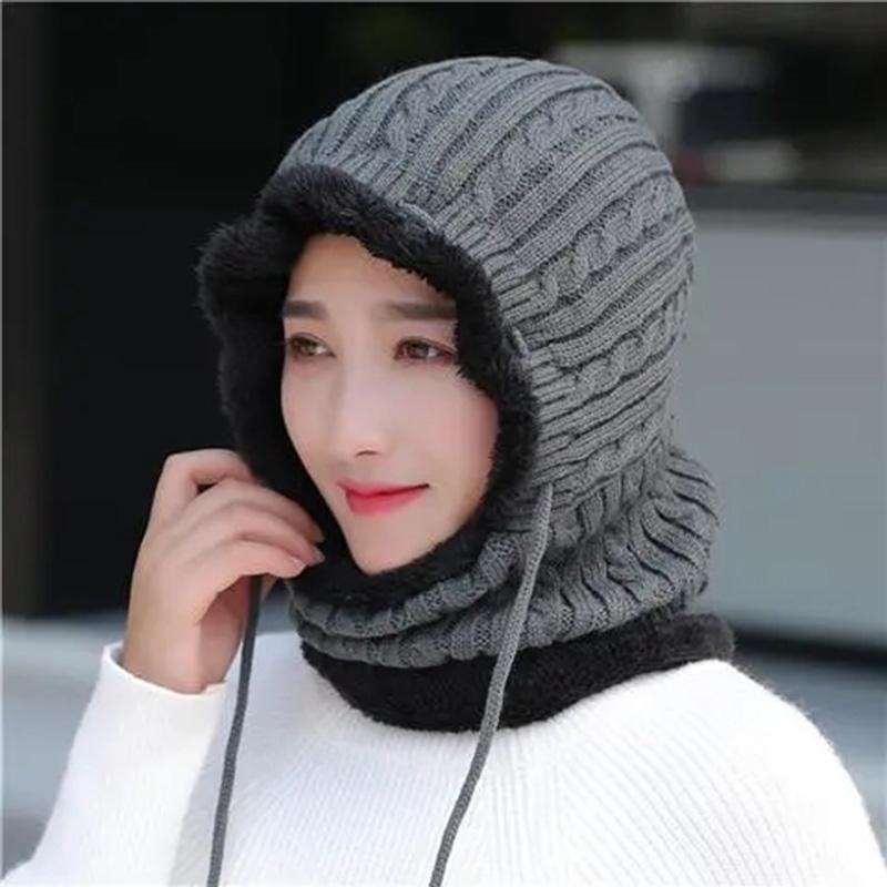 Women's Knitted Winter Hats Warm Skullies Beanies Pompoms Winter Caps for Women Winter Thick Beanies Caps One Piece Scarf Hats Set Facial Protection