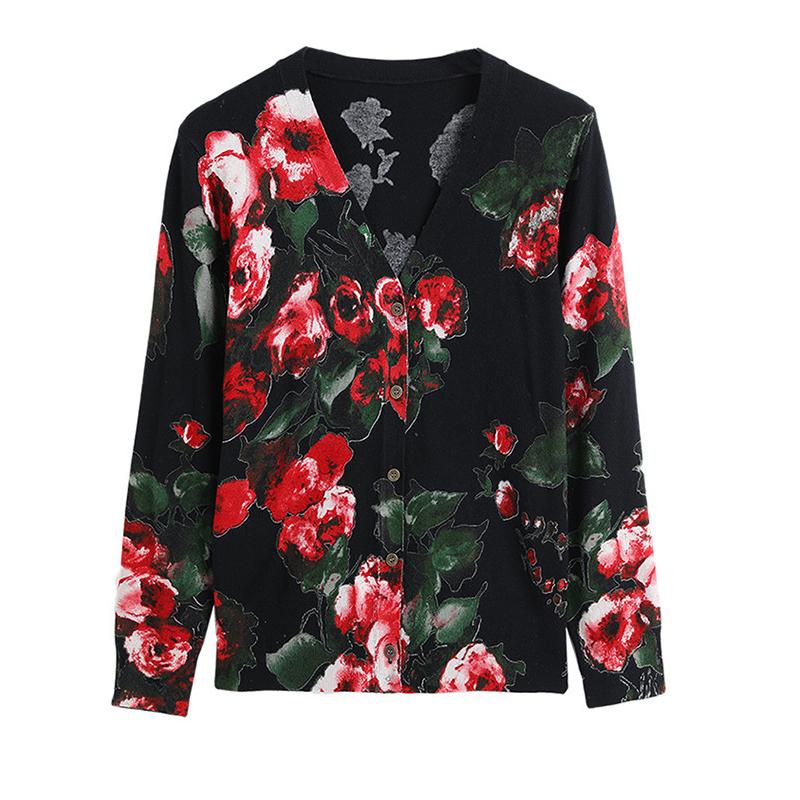 Autumn and Winter Women's Printed Cardigan V-neck Casual Sweater Coat High-end Wool Plus Size Cardigan