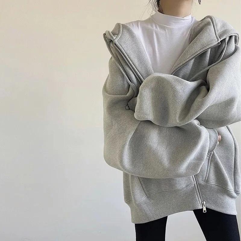 Spring and Autumn Women's Hooded Sweater Korean Style Loose Casual All-match Coat Top Ladies Cardigan Zipper Coat Hip-pop Jacket