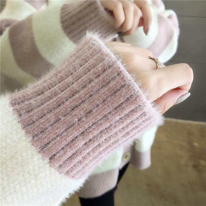 Autumn and Winter Mohair Jacket Loose-fitting Outer Wear Cardigan Jacket Striped Pattern Simple Female Jacket