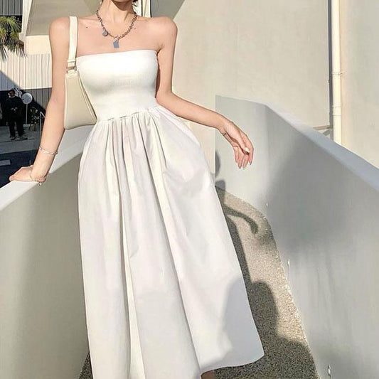 Women Summer Sleeveless Dress Vintage High Quality Party Dress Elegant Medium Length Solid Color Strapless Gown