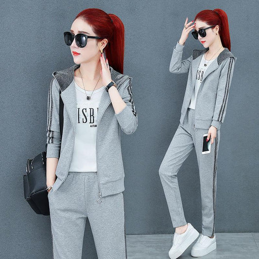 Sweatshirt set large size spring and autumn women's clothing 3pcs set wild long sleeve casual