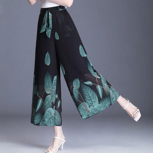 WTEMPO Women Floral Chiffon Ankle-Length Pants Wide-leg Pants Loose High Waist Trousers Cool and Breathable