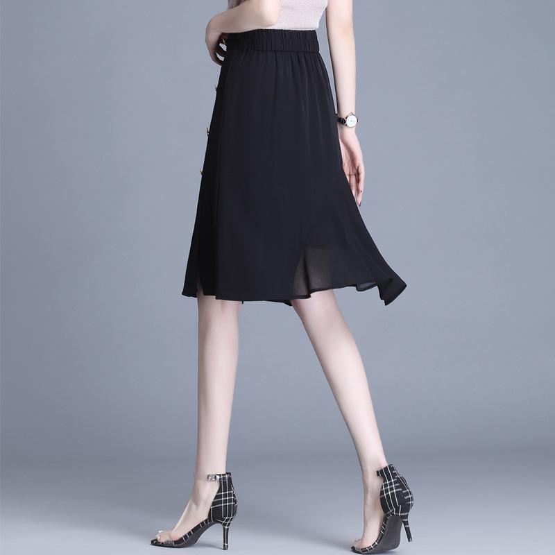 Woman Skirts Summer Casual A-line Skirt Elastic High Waist Loose Knee-length Skirts Female Chiffon Button Black Skirt