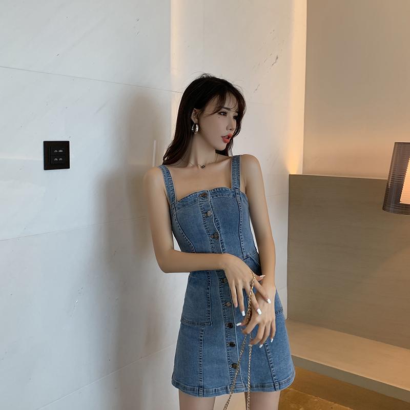 2 Color Denim Suspender Dress Single-breasted Slim Waist A-line Strap Skirt Package Hip Dresses