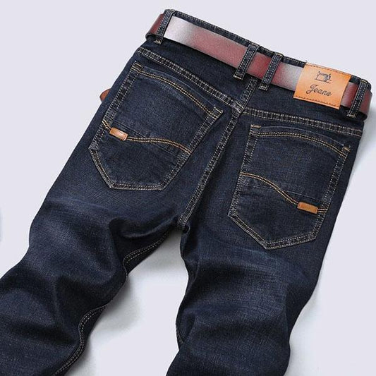 Spring and Autumn Men's Elastic Jeans Business Men Large Size Loose Straight Solid Color Denim Trousers