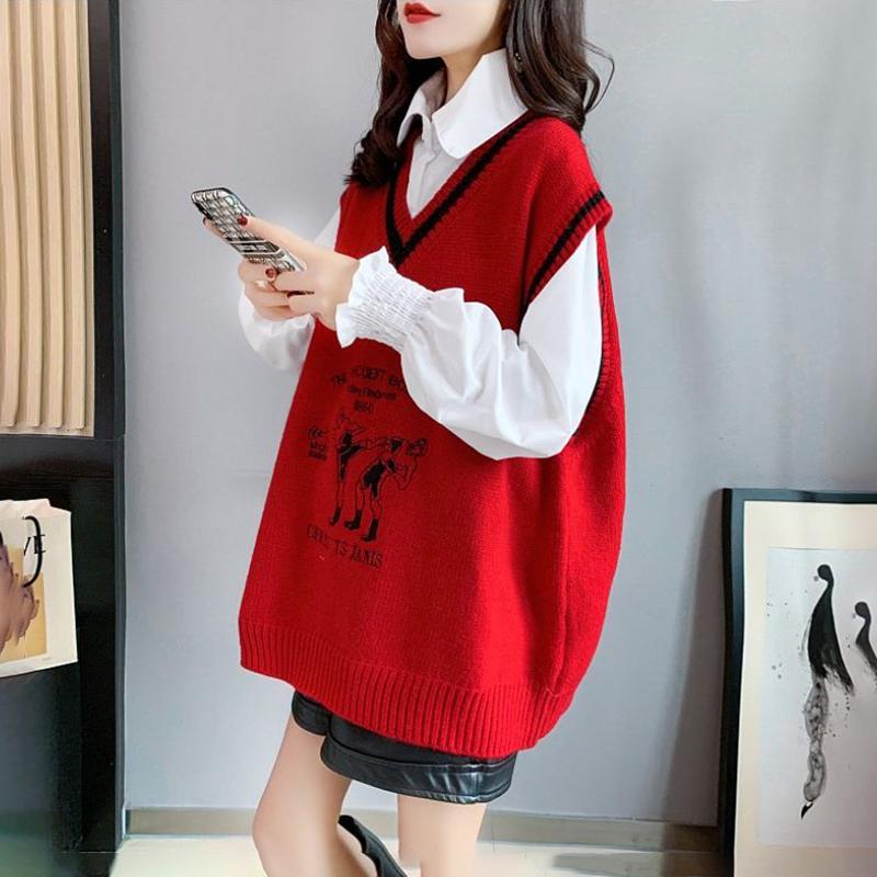 British Style V-neck Sweater Vest Women Loose Knit Vest Jacket All-match Jacket Women's Thin Sleeveless Sweater Comfortable and Warm