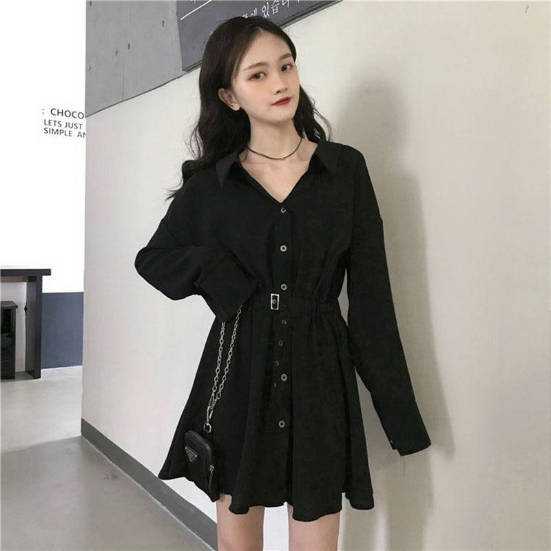 Spring and Autumn Clothing Lightly Cooked Hepburn Style Design Sense Small Black Skirt Waist Slimming Long-sleeved Dress Women