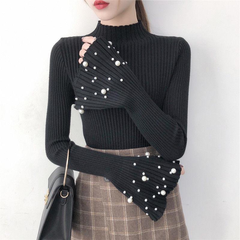 Trumpet Sleeves Pullover Sweater Women's Long-sleeved Slim Beaded Sweater Bottoming Shirt