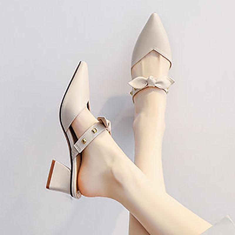 Half Slippers Female Spring All-match Thick-heeled Mid-heel Fairies Wear Small-heeled Skirt Sandals