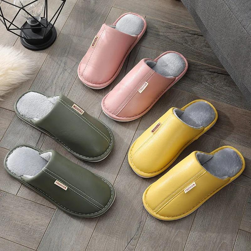 Women Winter Slippers Leather Waterproof Thick Warm Slipper Home Indoor Non Slip Mens Slides Plus Size