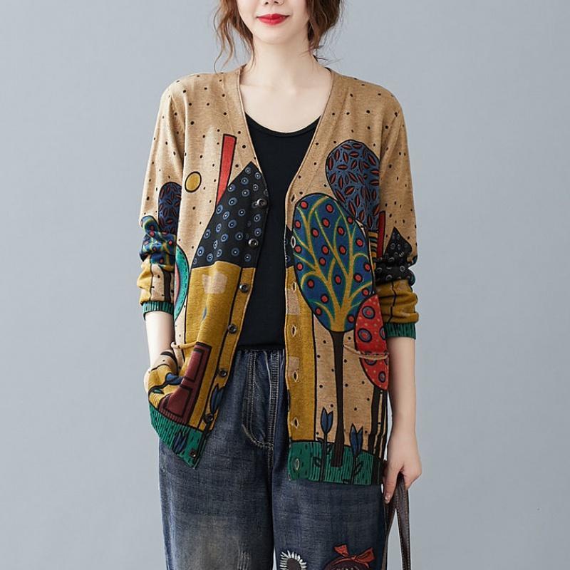 Vintage Art Plus Size V-neck Cardigan Coat Printed Long-sleeved Sweater Women Knitted Jacket with Pockets