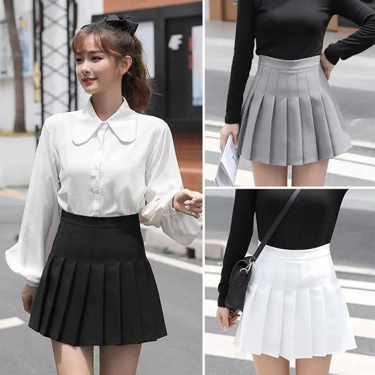 Spring and Summer Fresh Style High-waisted Ladies Anti-glare Pleated Skirt A-line Short Skirt Skirt All-match Solid Color Skirt