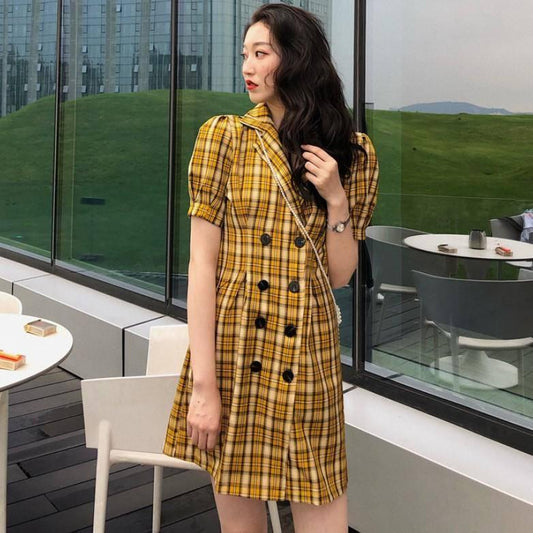 Vintage Women Dress Suit Collar Plaid Summer Dress Double-breasted Short Sleeve Ladies Dress 2020