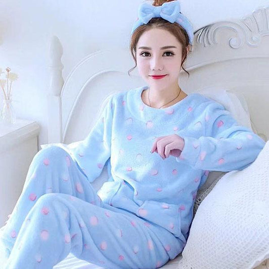 Women's Winter Flannel Pajamas Thickened Autumn Long Sleeve Coral Fleece Pullover Pajamas Set Warm Homewear