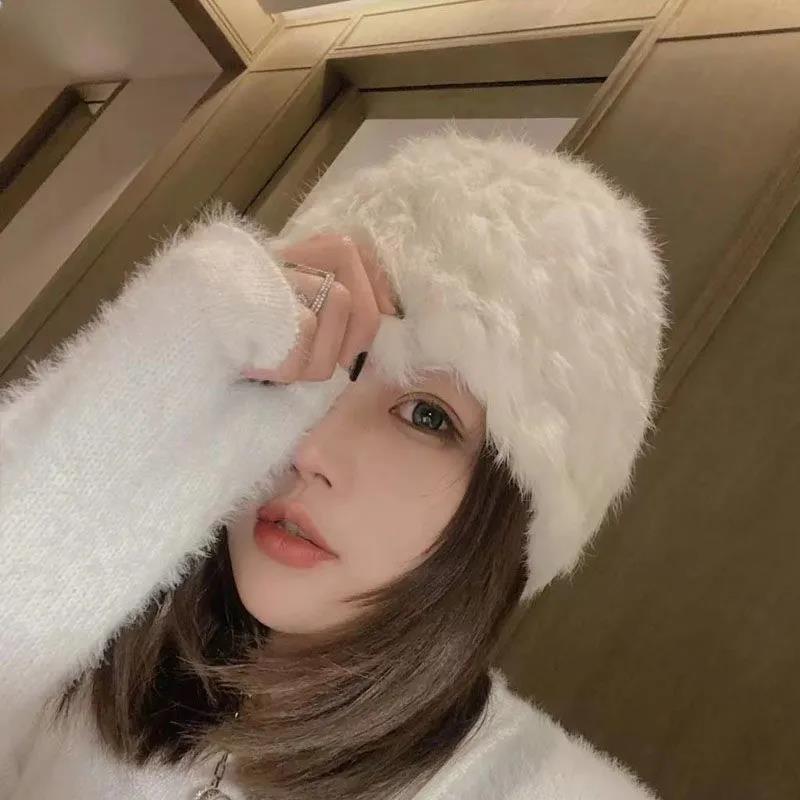 Women's Hats Thick and Warm Real Rabbit Plush Fur One-piece Knitted Hat Winter Cold All-match Knitted Baotou Woolen Hat