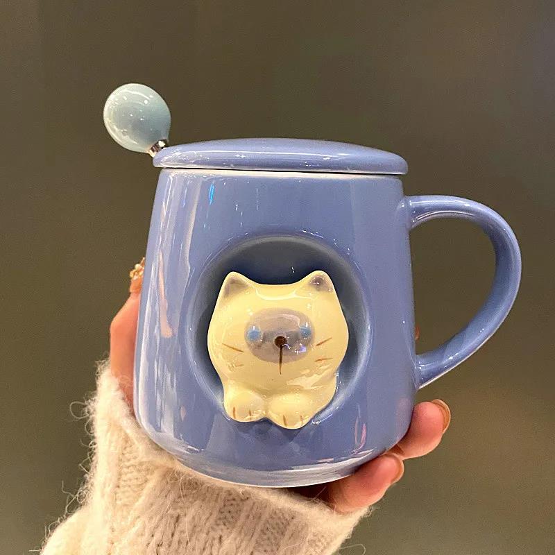 Cute and Creative Spoon Mug with Lid Korean Girl Heart Three-dimensional Ceramic Cup Male and Female Students Milk Coffee Cup