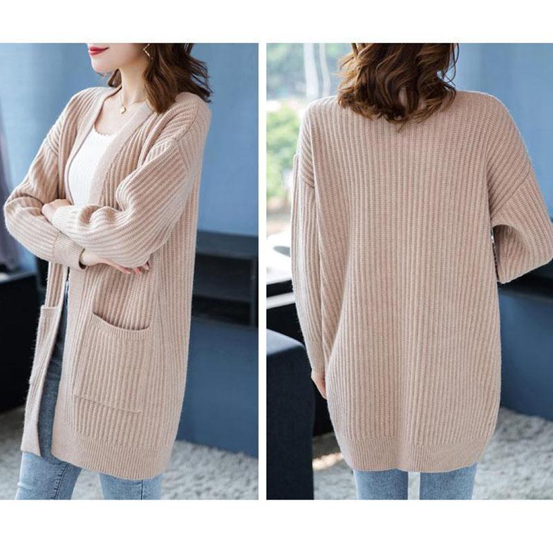 Autumn and Winter Cardigan Sweater Loose Casual Mid-length Top Clothes Solid Color Knitted Female Jacket