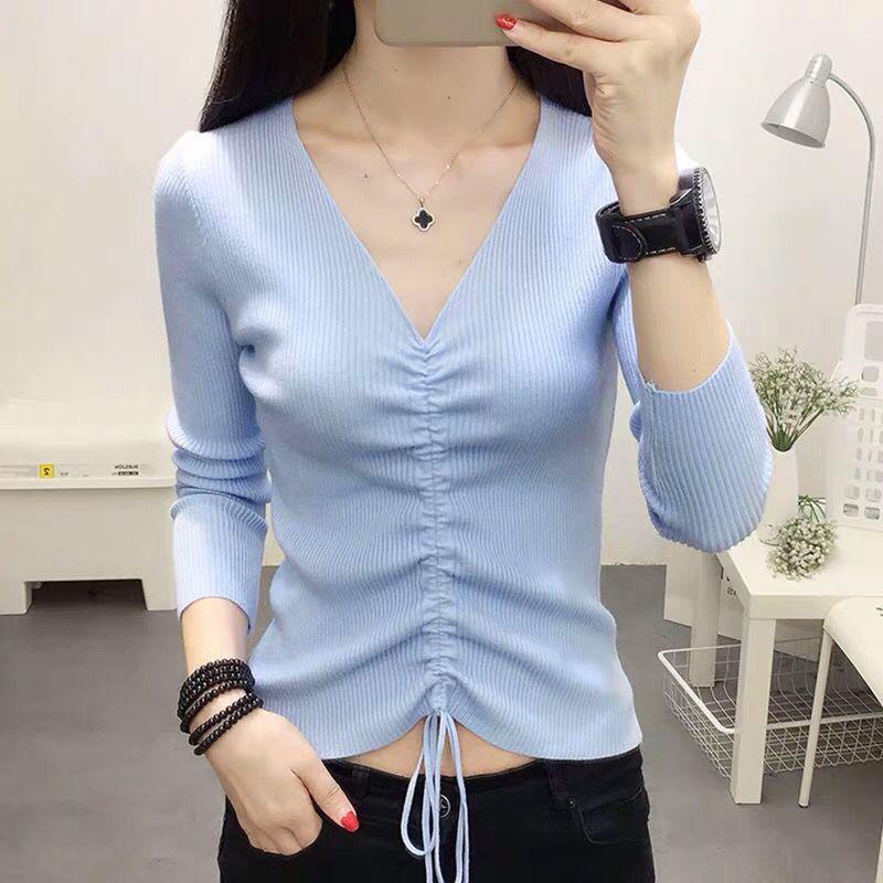 All-match Autumn and Winter V-neck Woolen Sweater Slim Slimming Long-sleeved Knitted Bottoming Shirt Top Pullover Sweater Women