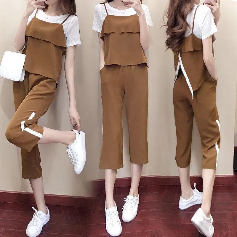 Ladies Suit Three-piece Suit Suspenders Short-sleeved T-shirt Casual Pants Ladies Outdoor Leisure Suit Cotton Fabric Absorbent and Breathable