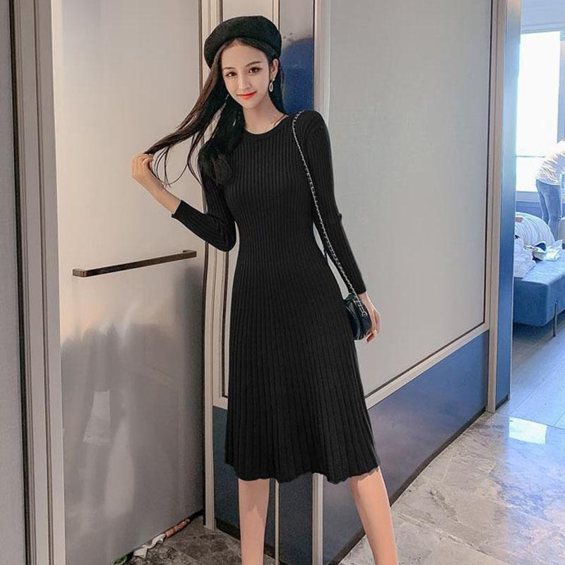 Autumn and Winter Knitted Casual Dress Mid-length Over-the-knee Long-sleeved Base Skirt Pure Color Simple Female Sweater Dress