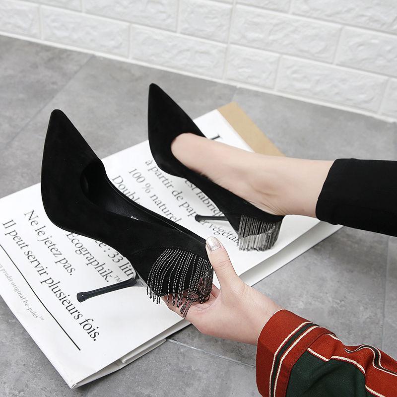 Pointed High Heels Female Spring and Summer Stiletto French Girl Sexy Black High Heels with Fringed Fringe