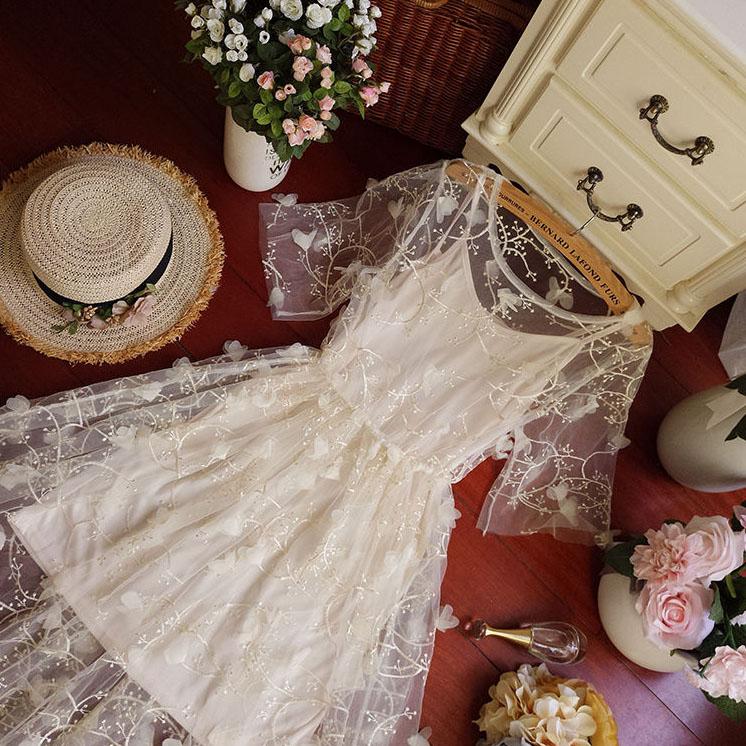 Women Summer Casual Fairy Dress Suit Vintage High Waist Short Sleeve Slim Elegant Base Slip Dress Lace Mesh Dress 2 Pieces Set