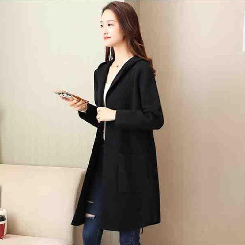 Autumn and Winter Hooded Knitted Jacket Temperament Loose Thick Coat Mid-length All-match Cardigan Female Jacket