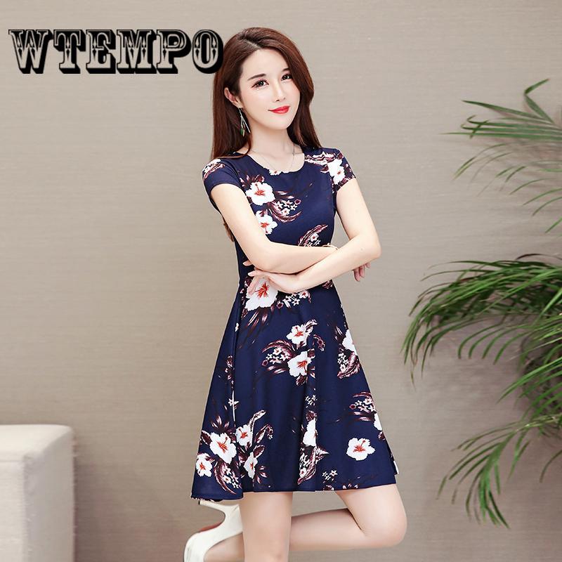 Women A-line Floral Print Midi Slim Elegant Party Vintage Dress Belt