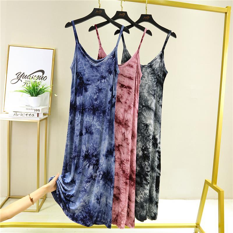 Female Thin Simple Suspender Modal Fiber Tie Dyed Sleeve Less A-line Waistcoat and Long Dress