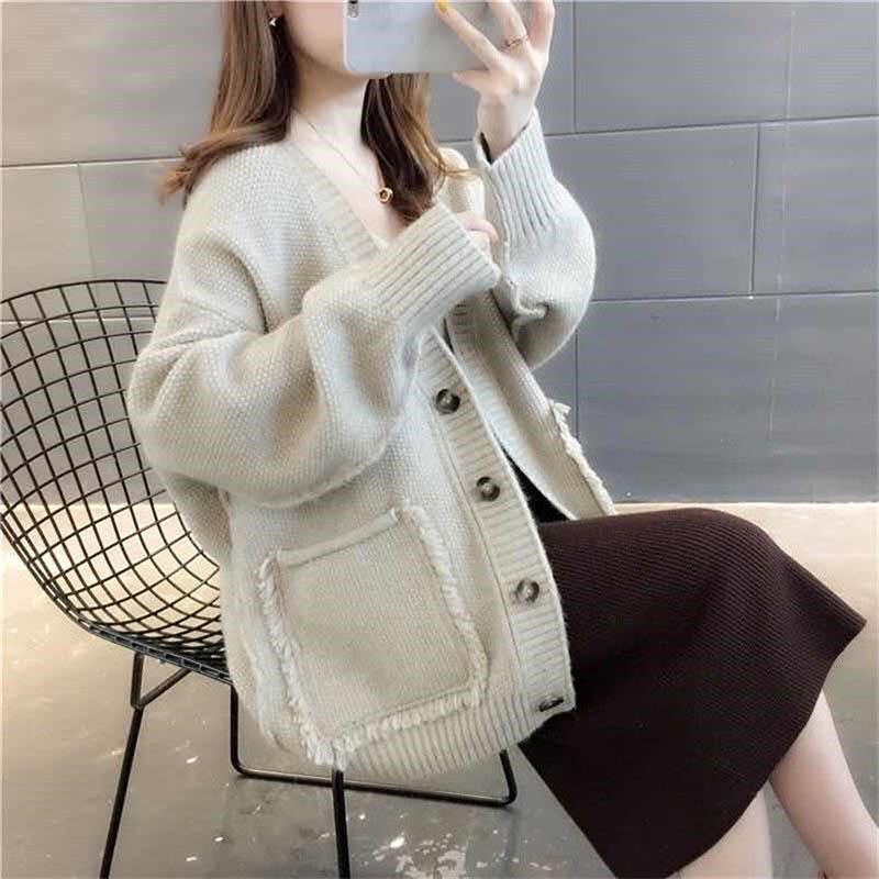 Women's Loose Knit Cardigan Spring and Autumn V-neck Blouse Wear All-match Tassel Sweater Coat