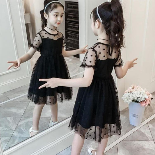 Children Dress Spring Summer O-neck Kids Clothing Baby Girls Clothing Wave Point Short Sleeve Dress Girl Ruffle Veil