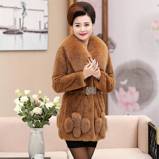 Faux Fur Rex Rabbit Fur and Fox Fur Collar Coat Women's Mid-length Faux Fur Slim Coat Warm and Comfortable Cotton Coat