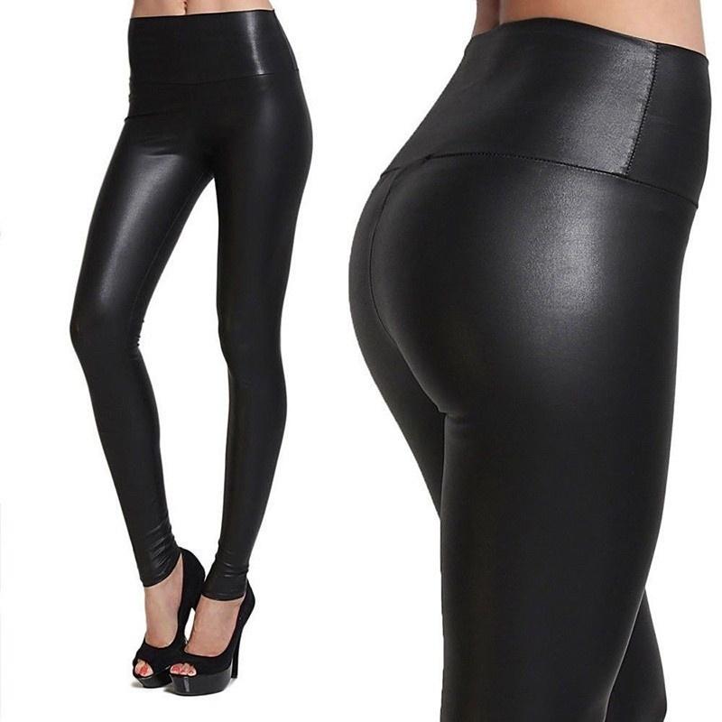 Women Shiny Metallic High Waist Pants Black Stretchy Faux Leather Leggings Pants