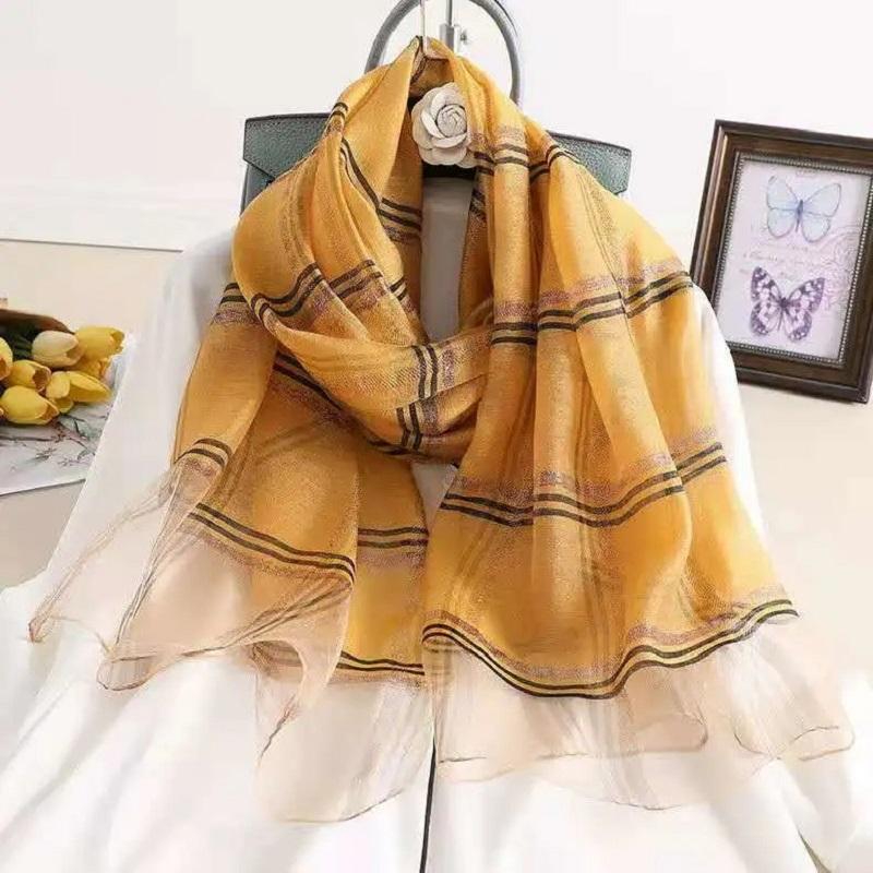 Women's Autumn and Winter Silk Scarf Korean Style All Match Mulberry Silk Shawl Thin Silk Plaid Scarf Long Dual-use Gauze Scarf Sweet Neckerchief