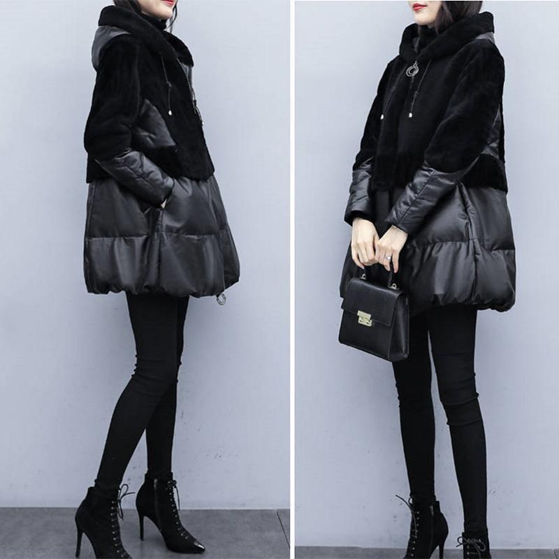 Women's Winter Korean Loose Quilted Coat Warm Down Jacket with Fur Collar Women's Glossy Mid-length Down Jacket